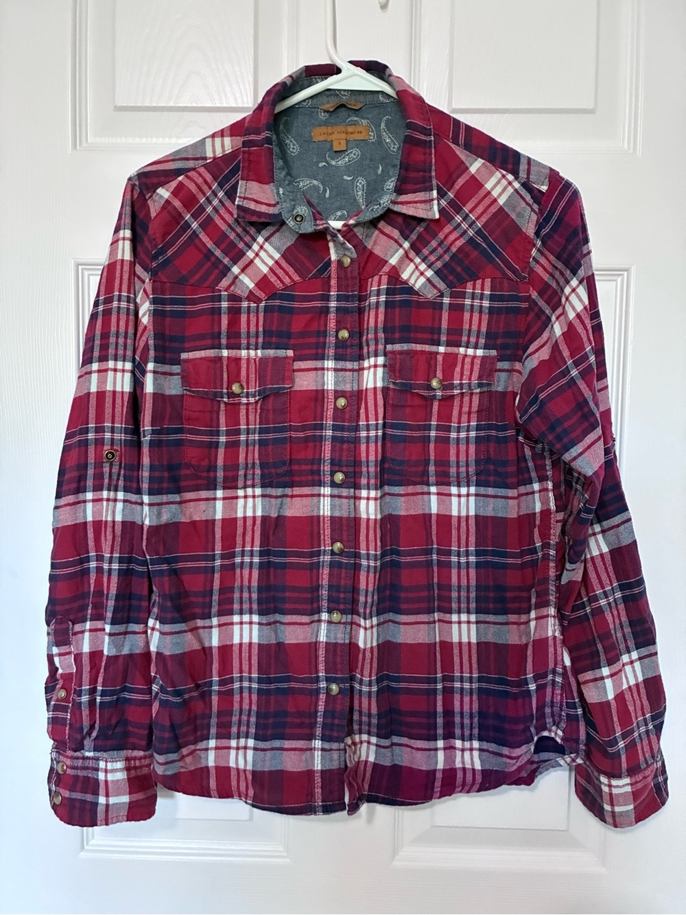 Jachs Girlfriend Western Shirt Women’s Sz S Pearl Snap Plaid Flannel Roll Tab